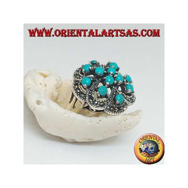 Alternating openwork silver ring with double cross with round turquoise set and marcasite