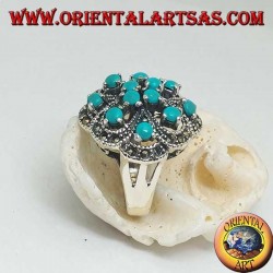 Bague en argent ajourée alternée avec double croix avec ensemble turquoise rond et marcassite