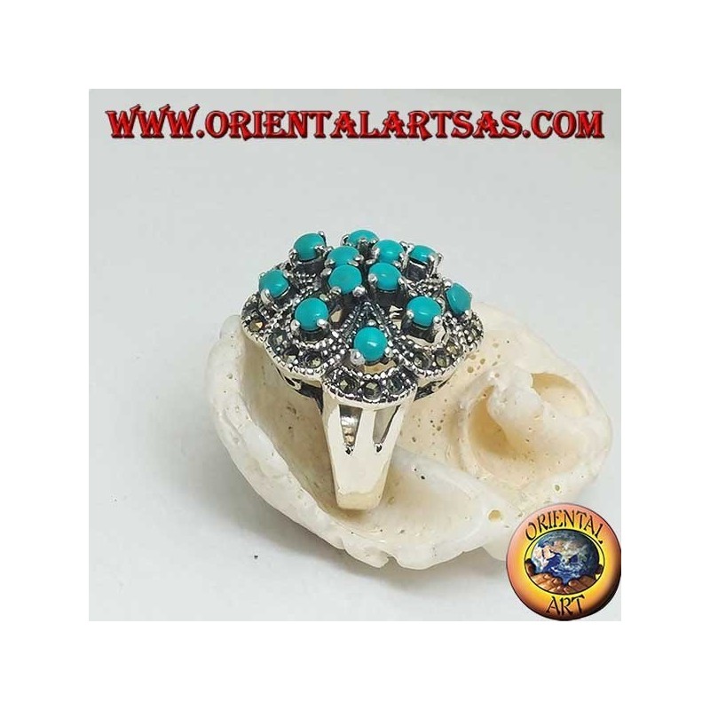 Alternating openwork silver ring with double cross with round turquoise set and marcasite