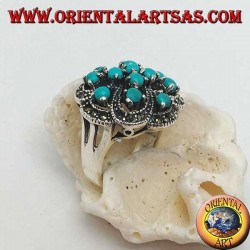 Anillo alterno calado de plata con doble cruz con conjunto redondo turquesa y marcasita