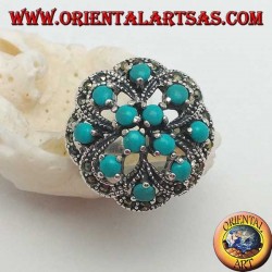 Alternating openwork silver ring with double cross with round turquoise set and marcasite