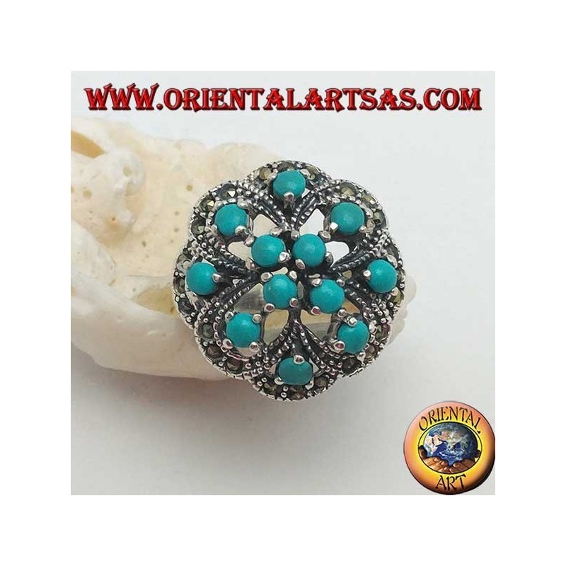 Alternating openwork silver ring with double cross with round turquoise set and marcasite