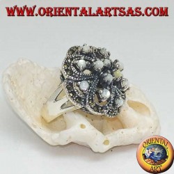 Alternating open-work silver ring with double cross with embedded and marcasite round mother-of-pearls