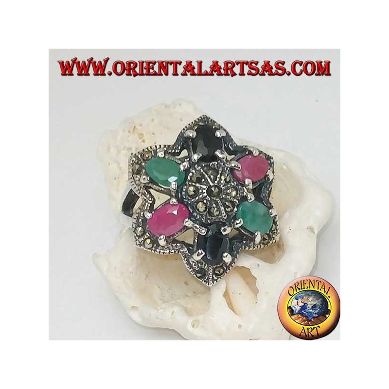 Silver ring flower of Bethlehem (six-pointed star) with rubies, emeralds and sapphires set and marcasite