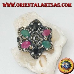 Silberringblume von Bethlehem (sechszackiger Stern) mit Rubinen, Smaragden und Saphiren und Markasit