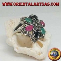 Silver ring flower of Bethlehem (six-pointed star) with rubies, emeralds and sapphires set and marcasite