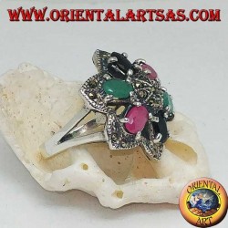 Silver ring flower of Bethlehem (six-pointed star) with rubies, emeralds and sapphires set and marcasite