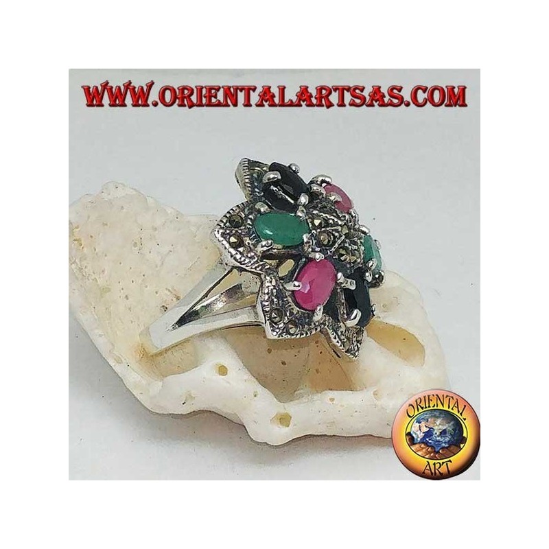 Silver ring flower of Bethlehem (six-pointed star) with rubies, emeralds and sapphires set and marcasite