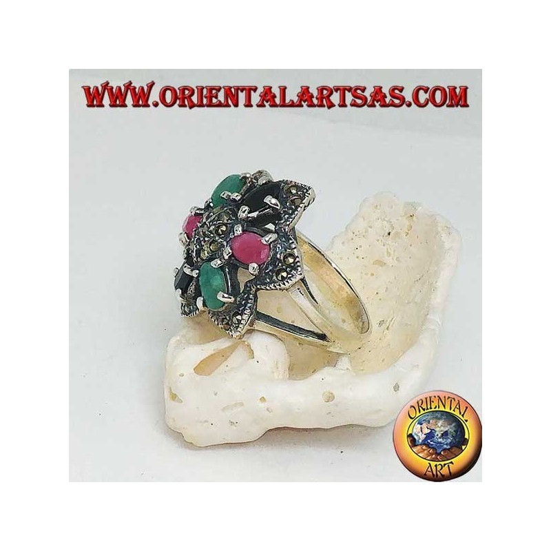 Anello in argento fiore di Betlemme (stella a sei punte) con rubini,smeraldi e zaffiri incastonati e marcasite