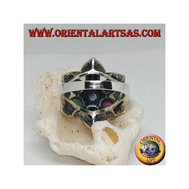 Silver ring flower of Bethlehem (six-pointed star) with rubies, emeralds and sapphires set and marcasite