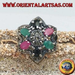 Silberringblume von Bethlehem (sechszackiger Stern) mit Rubinen, Smaragden und Saphiren und Markasit