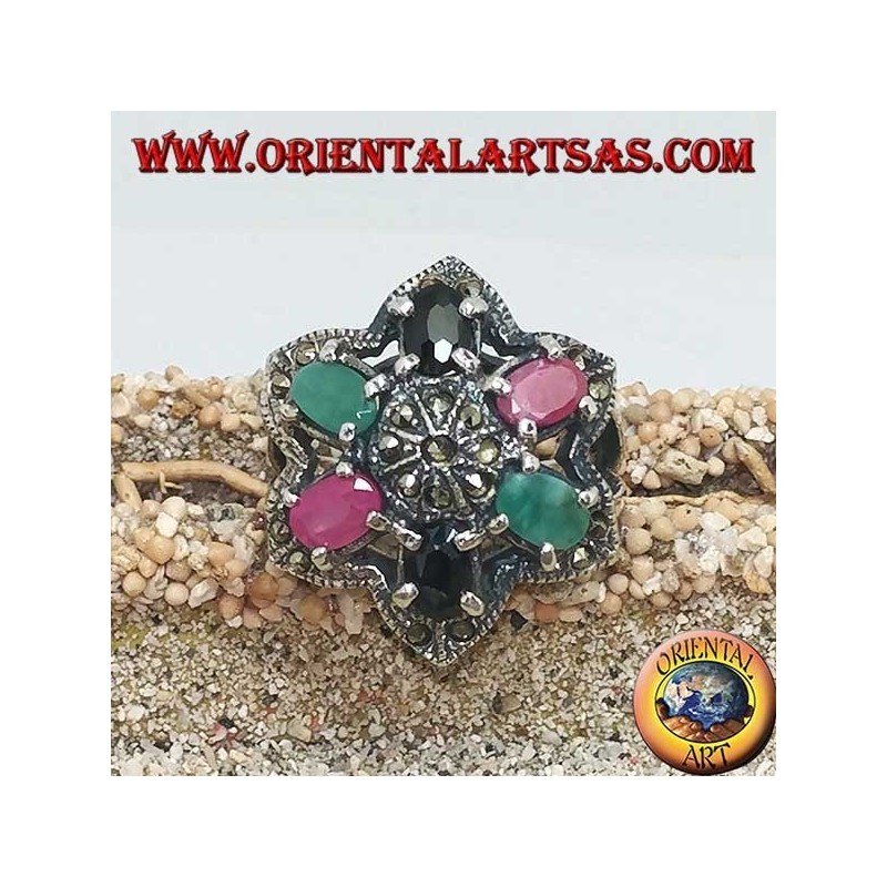 Bague en argent fleur de Bethléem (étoile à six branches) avec rubis, émeraudes et saphirs sertis et marcassite