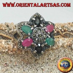 Bague en argent fleur de Bethléem (étoile à six branches) avec rubis, émeraudes et saphirs sertis et marcassite