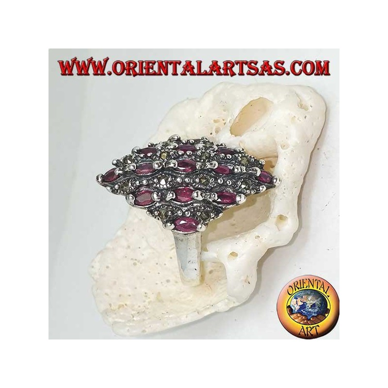 Rhombus silver ring studded with natural oval rubies and marcasite