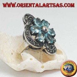 Bague fleur de Bethléem en argent avec pétales de topaze bleue sertie couronnée d'argent et de marcassite