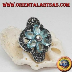 Bague fleur de Bethléem en argent avec pétales de topaze bleue sertie couronnée d'argent et de marcassite