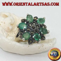 Silver ring with six-pointed stars alternating with natural oval emeralds set and marcasite
