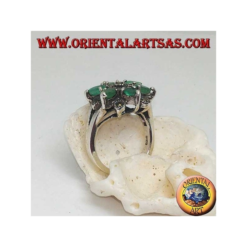 Silver ring with six-pointed stars alternating with natural oval emeralds set and marcasite