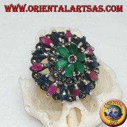 Perforated rosette silver ring with rubies, emeralds and sapphires set and marcasite