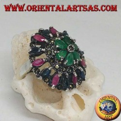 Perforated rosette silver ring with rubies, emeralds and sapphires set and marcasite