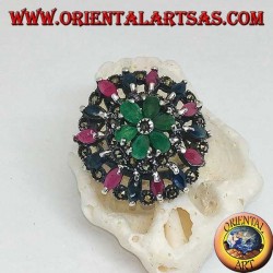 Perforated rosette silver ring with rubies, emeralds and sapphires set and marcasite