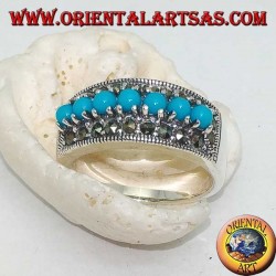 Band silver ring with a row of turquoise balls set surrounded by marcasite
