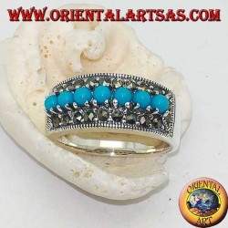 Band silver ring with a row of turquoise balls set surrounded by marcasite
