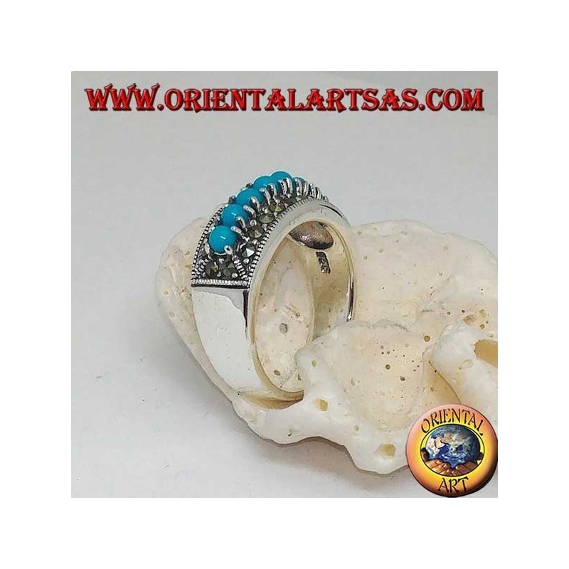 Band silberner Ring mit einer Reihe von türkisfarbenen Kugeln, umgeben von Markasit
