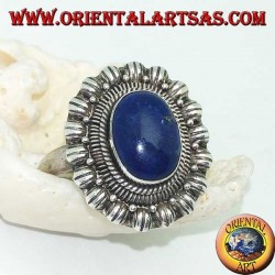 Silver flower ring with oval cabochon lapis lazuli