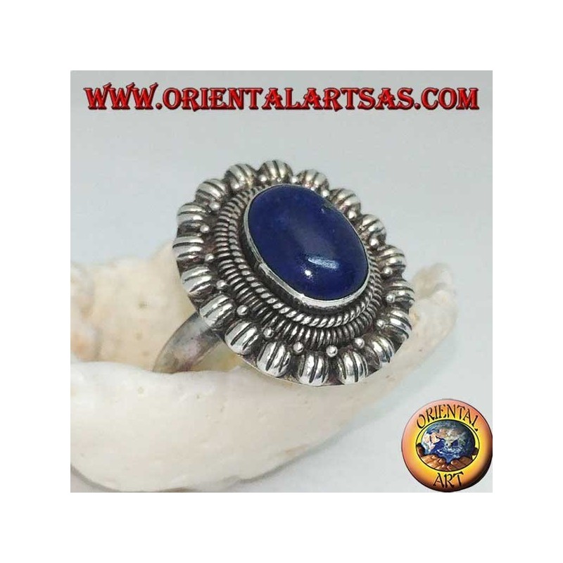 Silberner Blumenring mit ovalem Cabochon Lapislazuli
