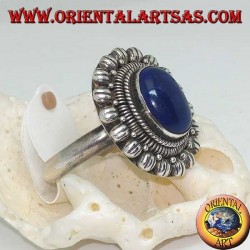 Silver flower ring with oval cabochon lapis lazuli