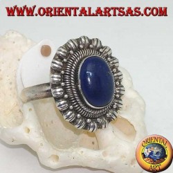 Silver flower ring with oval cabochon lapis lazuli