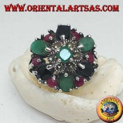 Silberring, Blume mit Smaragd und Markasiten, umgeben von Rubinen, Smaragden und Saphiren