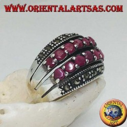 Silver ring with a rounded band with two rows of rubies set between two rows of marcasites