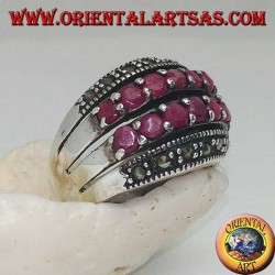 Silver ring with a rounded band with two rows of rubies set between two rows of marcasites