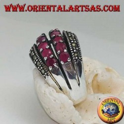 Silver ring with a rounded band with two rows of rubies set between two rows of marcasites