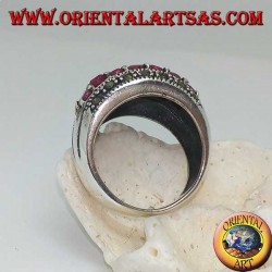 Silver ring with a rounded band with two rows of rubies set between two rows of marcasites