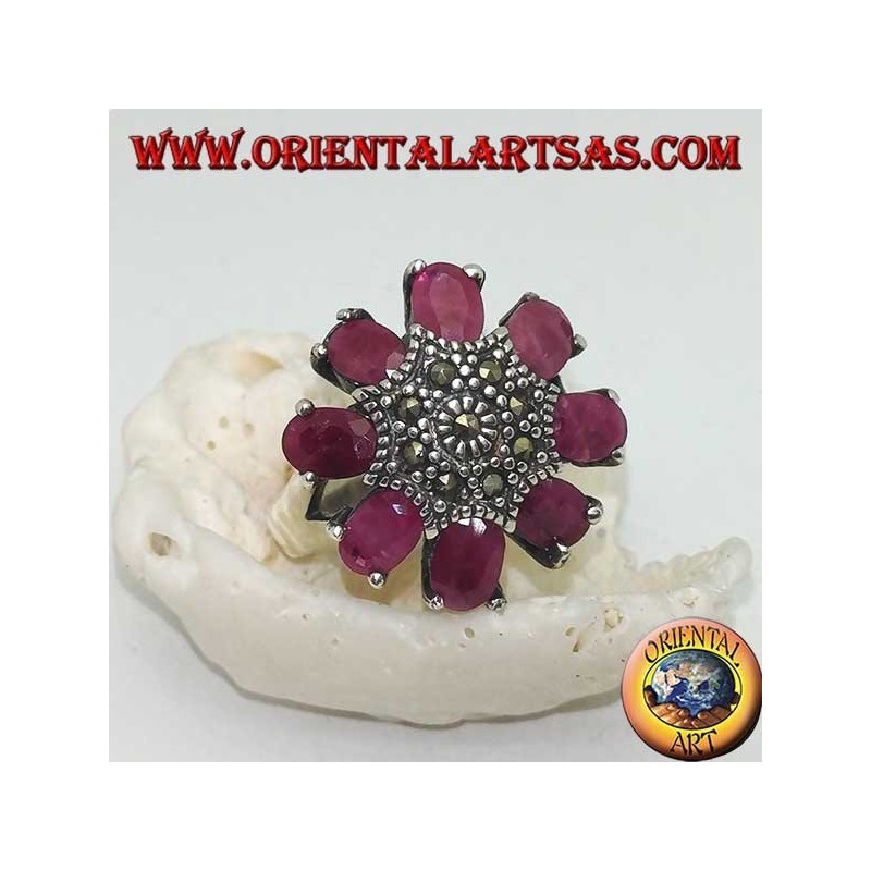Silver octagonal flower ring with marcasite studded pistil and oval ruby petals set