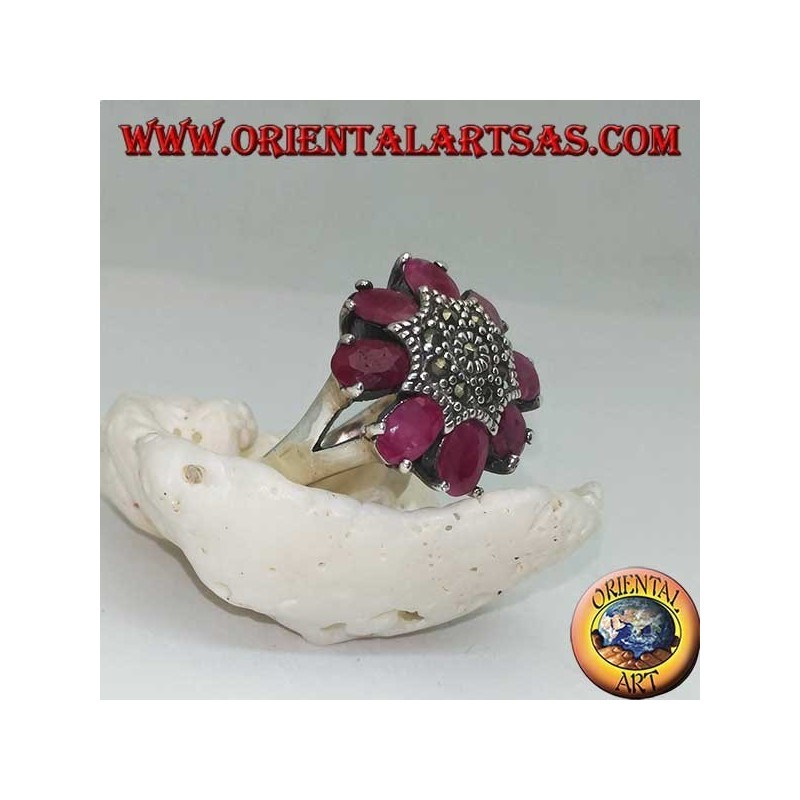 Silver octagonal flower ring with marcasite studded pistil and oval ruby petals set