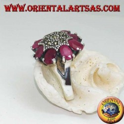 Silver octagonal flower ring with marcasite studded pistil and oval ruby petals set