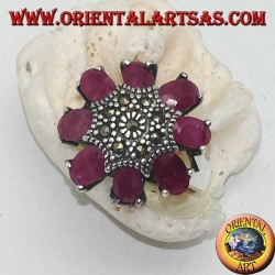 Silver octagonal flower ring with marcasite studded pistil and oval ruby petals set