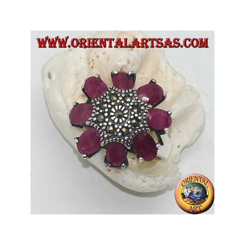 Silver octagonal flower ring with marcasite studded pistil and oval ruby petals set