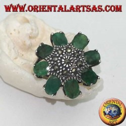 Silver octagonal flower ring with marcasite studded pistil and oval emerald petals set