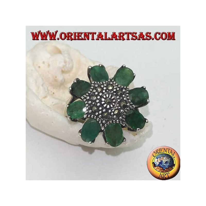 Silver octagonal flower ring with marcasite studded pistil and oval emerald petals set