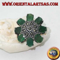 Silver octagonal flower ring with marcasite studded pistil and oval emerald petals set