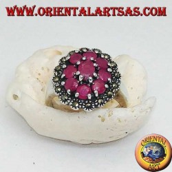 Silver ring with oval natural ruby surrounded by 8 rubies set and marcasites