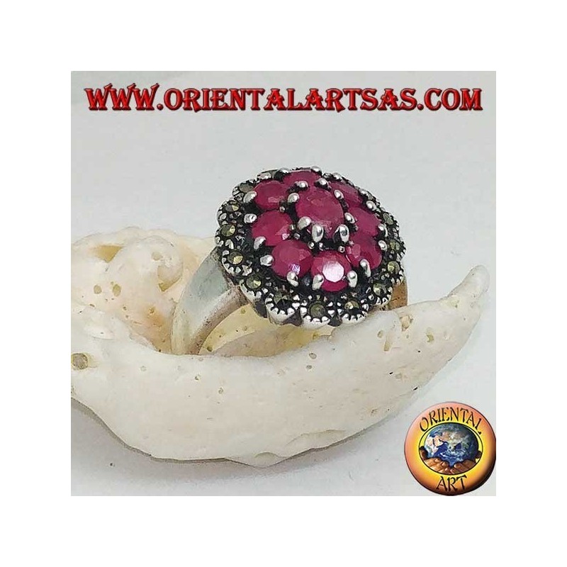 Silver ring with oval natural ruby surrounded by 8 rubies set and marcasites