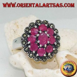 Silver ring with oval natural ruby surrounded by 8 rubies set and marcasites