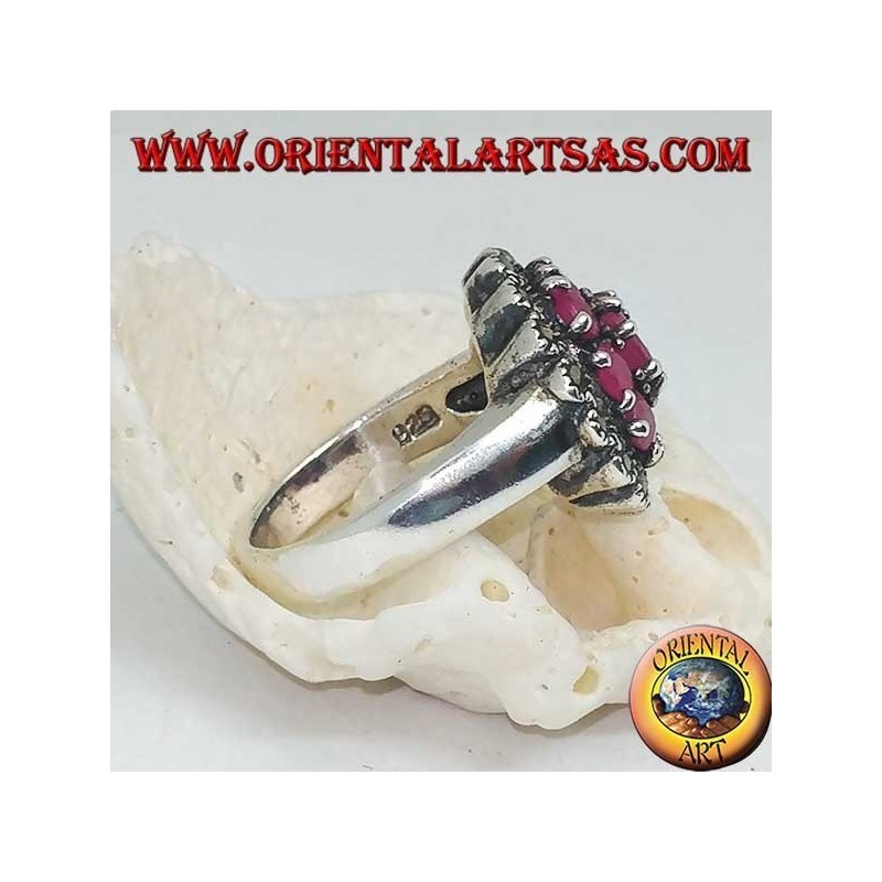 Silver ring with oval natural ruby surrounded by 8 rubies set and marcasites