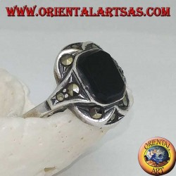 Silver ring with rectangular onyx with marcasites on the corners and sides